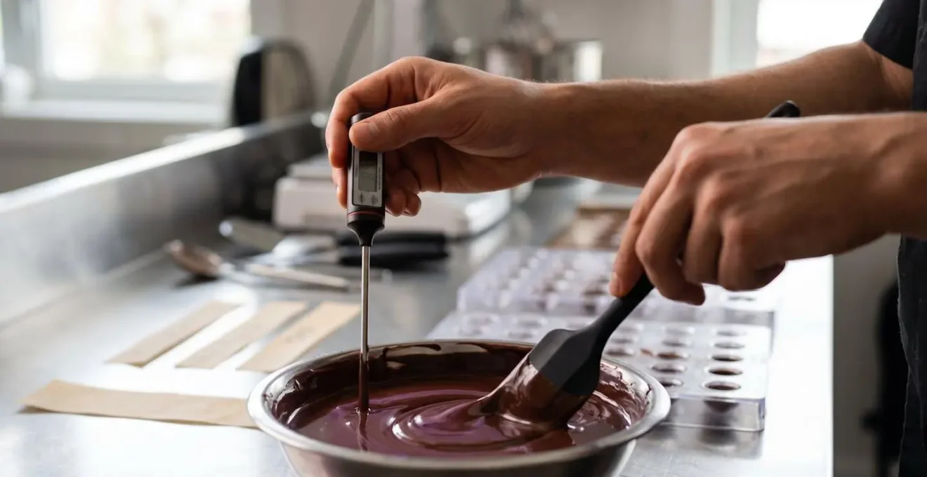 Organized chocolate tempering mise en place with pre-polished molds, thermometers, and tempered chocolate showing controlled crystallization environment