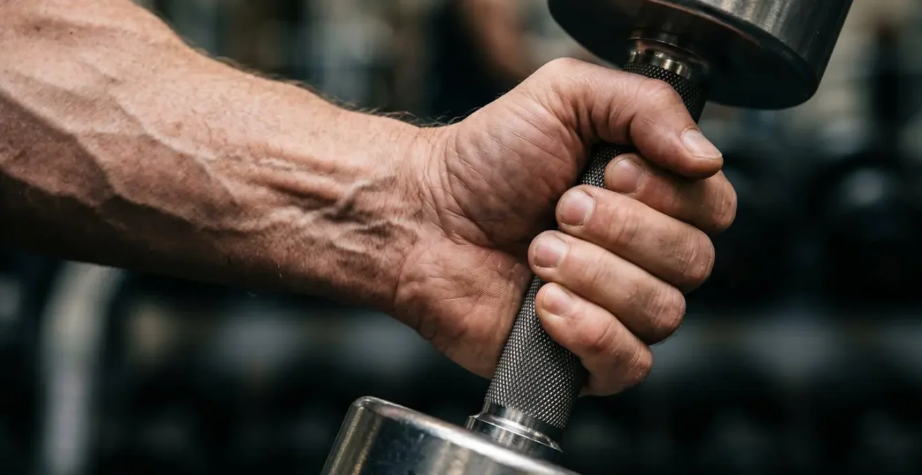 Close-up of hands gripping dumbbell with proper form showing muscle engagement and controlled movement
