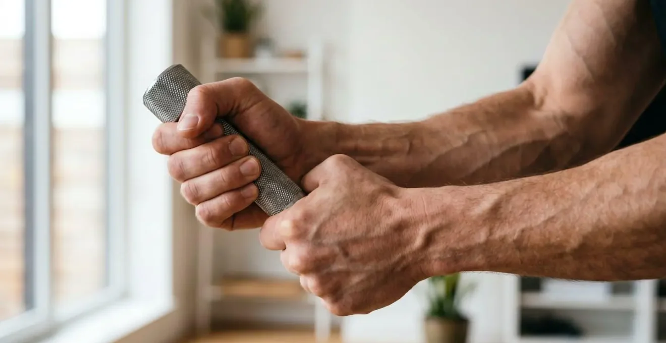 Close-up photograph of hands demonstrating proper crushing grip technique on adjustable dumbbell handle with controlled tension