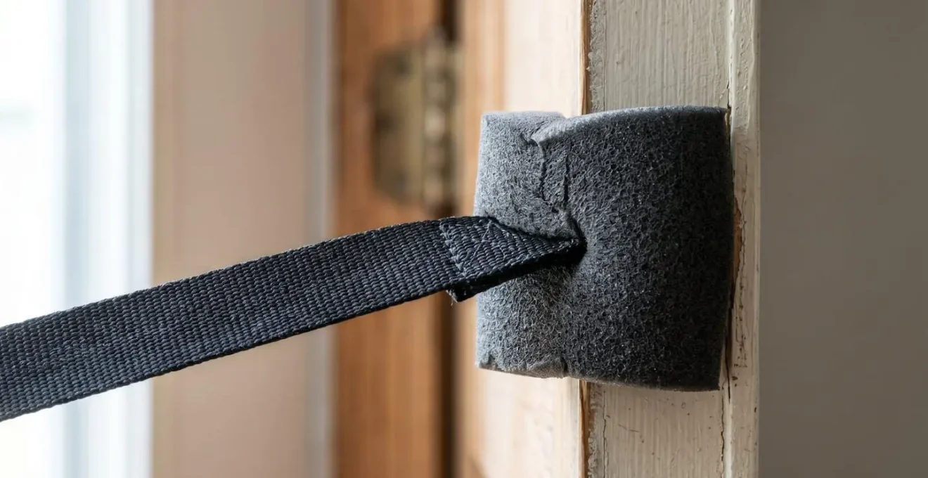 Close-up view of resistance band door anchor properly secured between door and frame