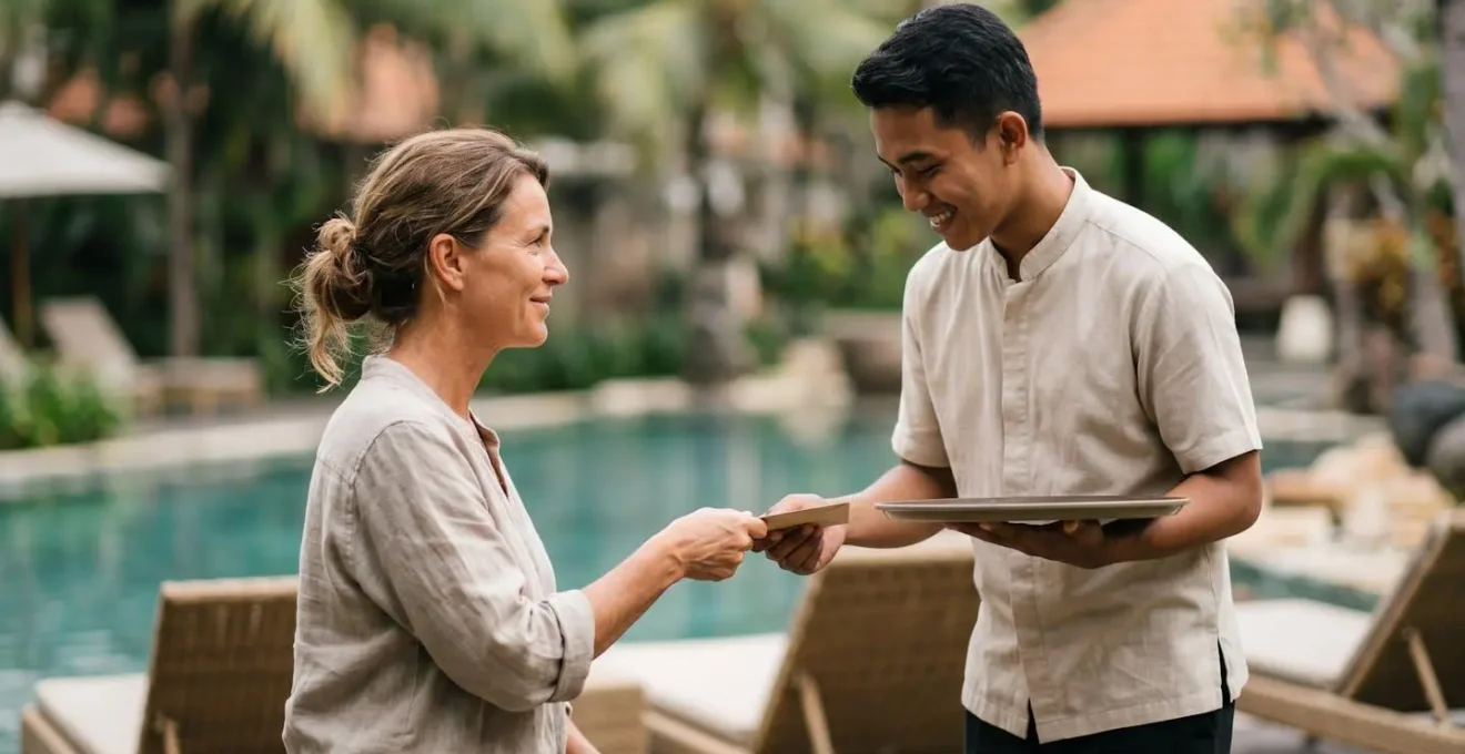Candid photograph of a respectful tipping exchange between a resort guest and poolside server in a natural hospitality moment