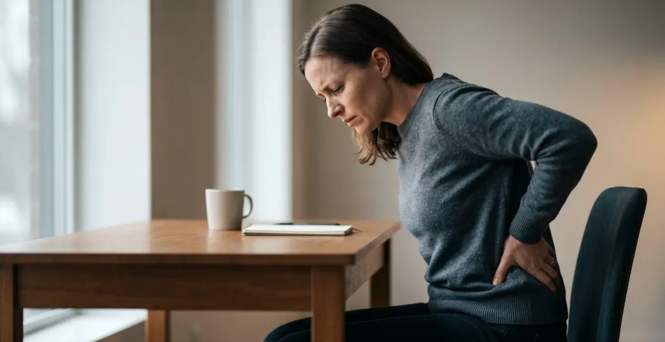 Human figure demonstrating stress-induced posture and physical tension during high-pressure work