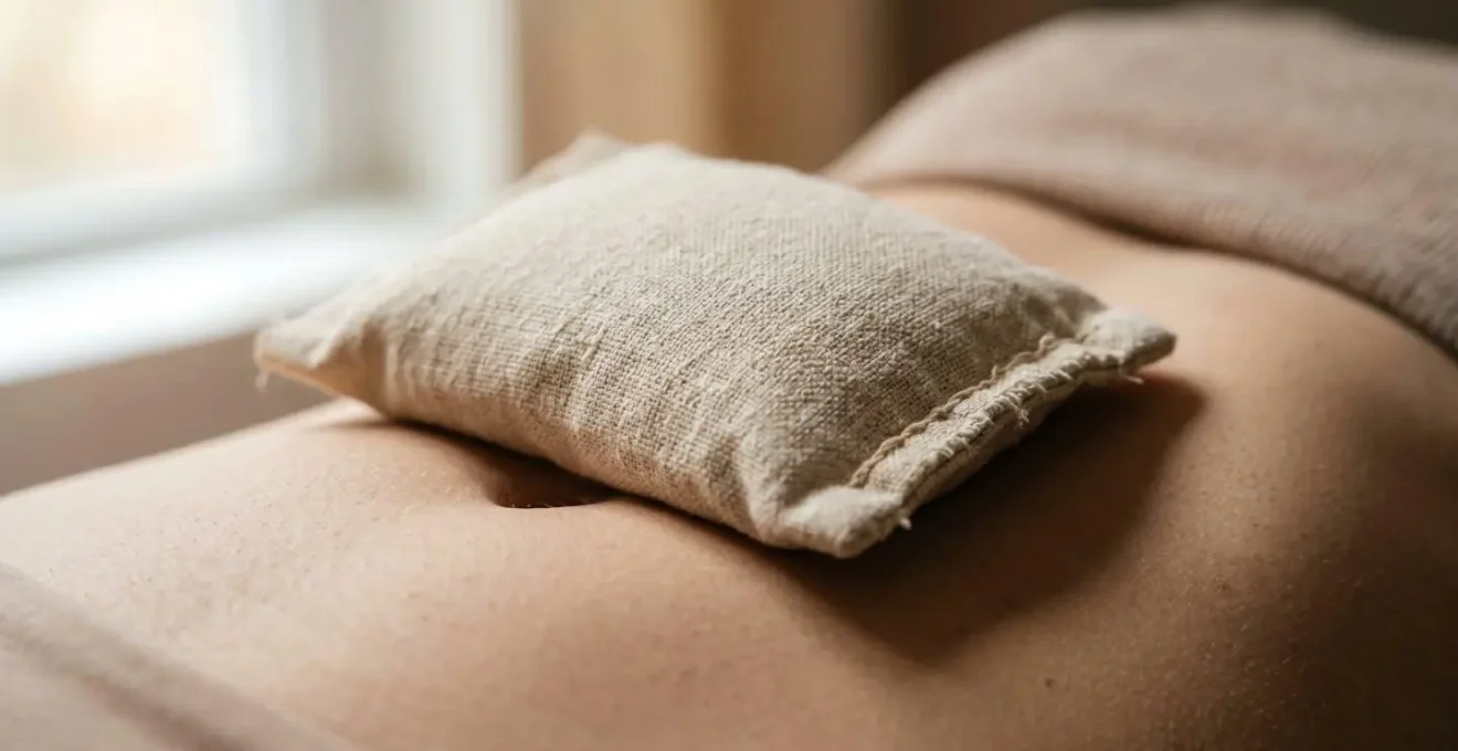 Sandbag resting on abdomen during belly breathing exercise showing tactile feedback mechanism